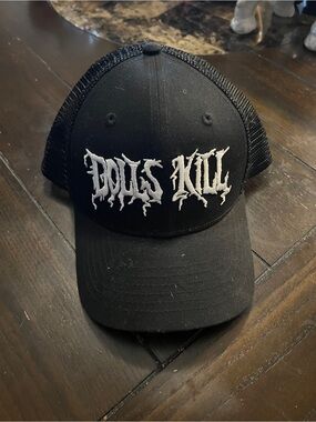 Dolls Kill Black Trucker Hat with Embroidered White Logo